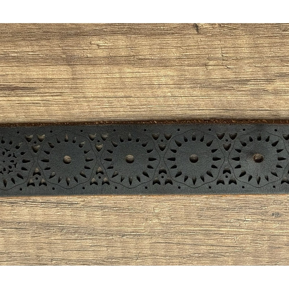Lucky Brand Black Leather Laser Cut Floral Cutout Belt Boho Western Women's Sz L - Picture 6 of 9